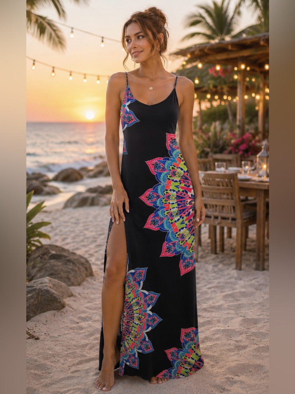 Black Colorful Mandala Dress Bohemian Vacation Resort Y2K Bodycon Halter Dress
